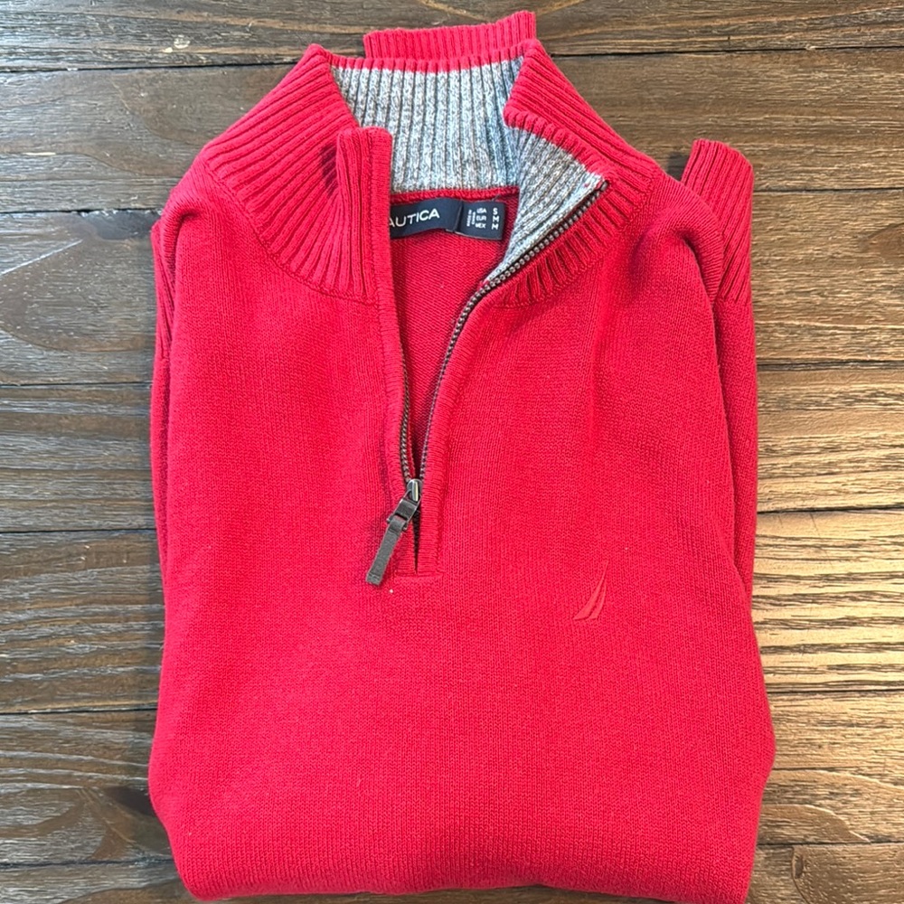 Nautica Red Zip Up Sweater with Ribbed Collar